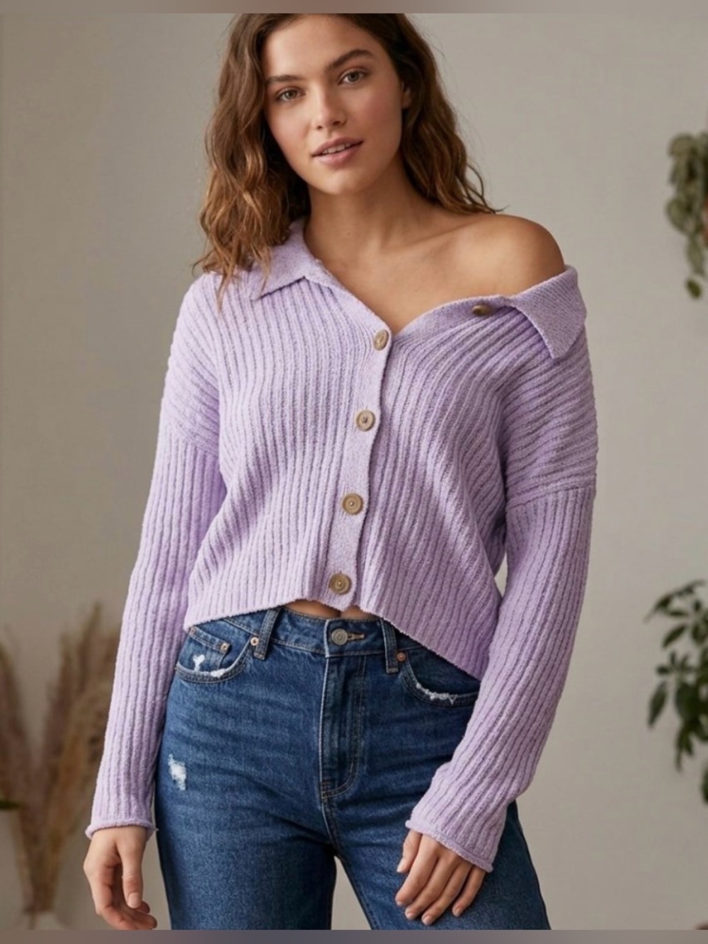 Purple Lilac Ribbed Button-Front Women’s Sweater Cardigan Cropped Medium